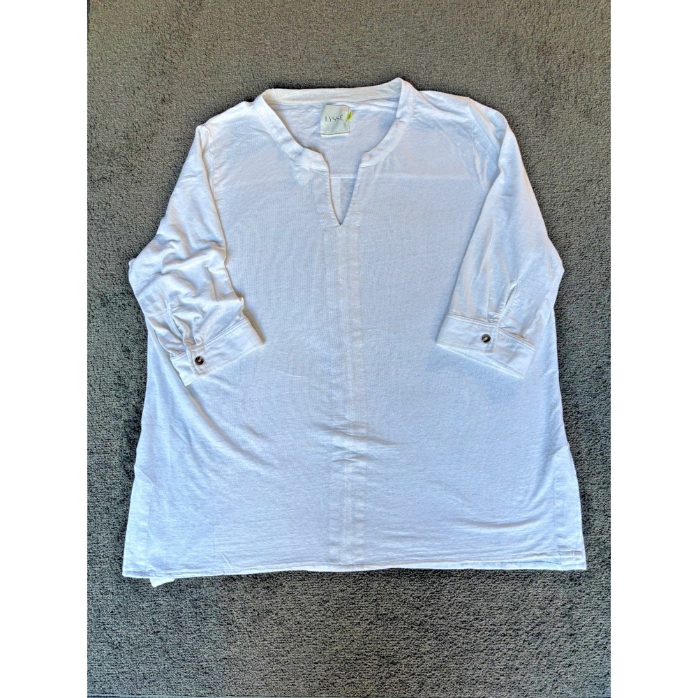 Lyssé Tunic Top Women's 2X White Linen Stretch Quartet Sleeve Center Seam V-Neck